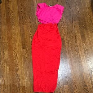 Two-Tone Pink and Red Maxi Dress with Side Knot Detail